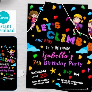 Bewerkbare rotsklimmen verjaardagsuitnodiging sjabloon, afdrukbare verjaardagsfeestje uitnodigingen, digitale Bday Party uitnodiging Bday Card