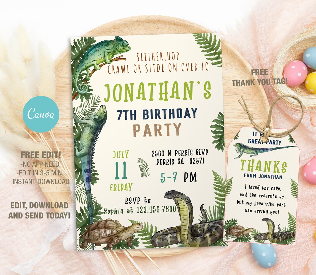 Editable Reptile Birthday Invitation Template, Printable Birthday Party ...