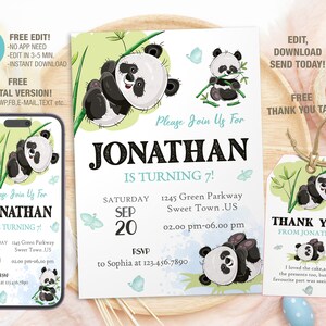Modelo editável de convite de aniversário de panda em aquarela, convites de festa de aniversário para impressão, cartão de aniversário digital para convite de festa de aniversário