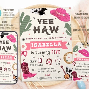 Modèle modifiable d'invitation d'anniversaire de cow-girl de l'espace, invitations de fête d'anniversaire imprimables, carte numérique d'invitation de fête d'anniversaire d'anniversaire