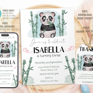 Modèle d'invitation d'anniversaire panda aquarelle modifiable, invitations de fête d'anniversaire imprimables, carte d'anniversaire numérique invitation anniversaire