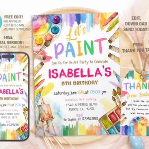 Editable Art Party Birthday Invitation Template, Printable Let&#39;s Paint Birthday Party Invitations, Digital Kids Party Invite Bday Card