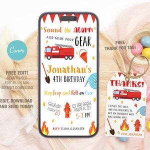 Modello modificabile per invito di compleanno per camion dei pompieri mobile, inviti per feste di compleanno, invito per feste digitali per bambini, biglietto di compleanno Evite