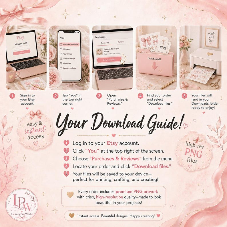 May include: A pink and white graphic with instructions for downloading Etsy files. The guide includes screenshots of a laptop, phone, and downloads folder. Text includes "Your Download Guide!" and "high-res PNG files."