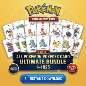 Op de afbeelding: Een digitaal afdrukbare bundel Pokémon-ruilkaarten. De afbeelding toont een verzameling kaarten met verschillende Pokémon-personages, waaronder Pikachu en Squirtle. De bundel bevat alle 1025 kaarten en wordt het "Ultimate Bundle" genoemd.