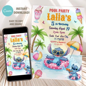 Bearbeitbare Stitch-Geburtstagseinladungsvorlage, druckbare Stitch Pool-Partyeinladungen, digitale Kinderparty-Einladungskarte