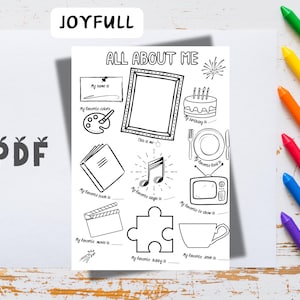 May include: A black and white printable "All About Me" worksheet for kids. The worksheet features a variety of prompts for children to fill in about themselves, including their name, favorite color, birthday, food, book, song, movie, hobby, and drink.