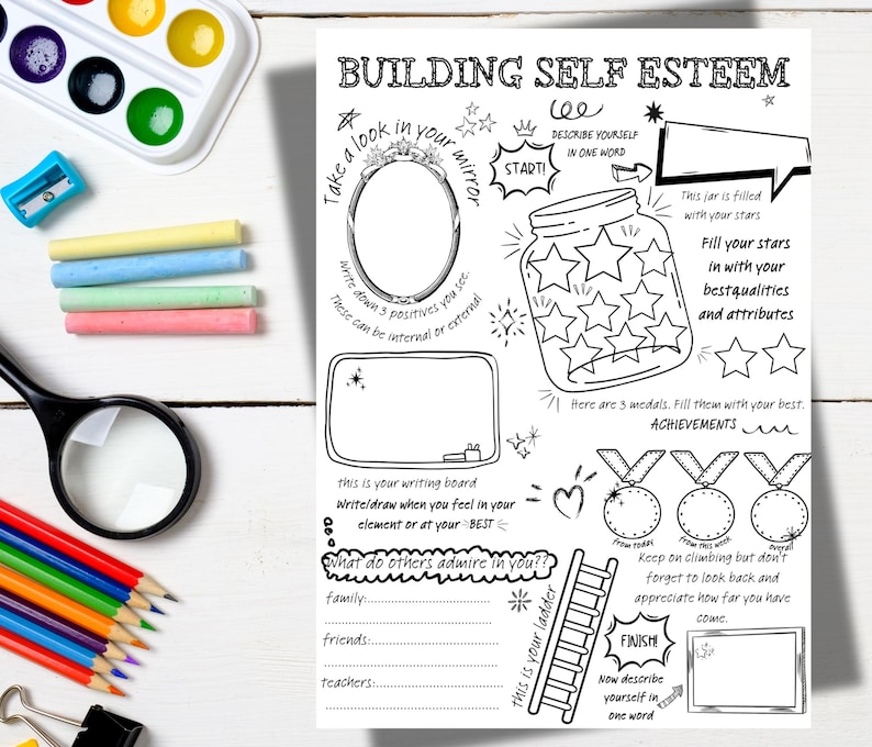 May include: Black and white printable worksheet with the title "Building Self Esteem". The worksheet includes activities such as writing down positive attributes, filling a jar with stars representing best qualities, and drawing medals for achievements.