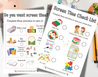 Como ganhar tempo de tela, Lista de verificação de tempo de tela, Créditos de tempo de tela, Quadro de tarefas para crianças, Lista de afazeres para crianças, Quadro de recompensas, Tabela de tempo de tela