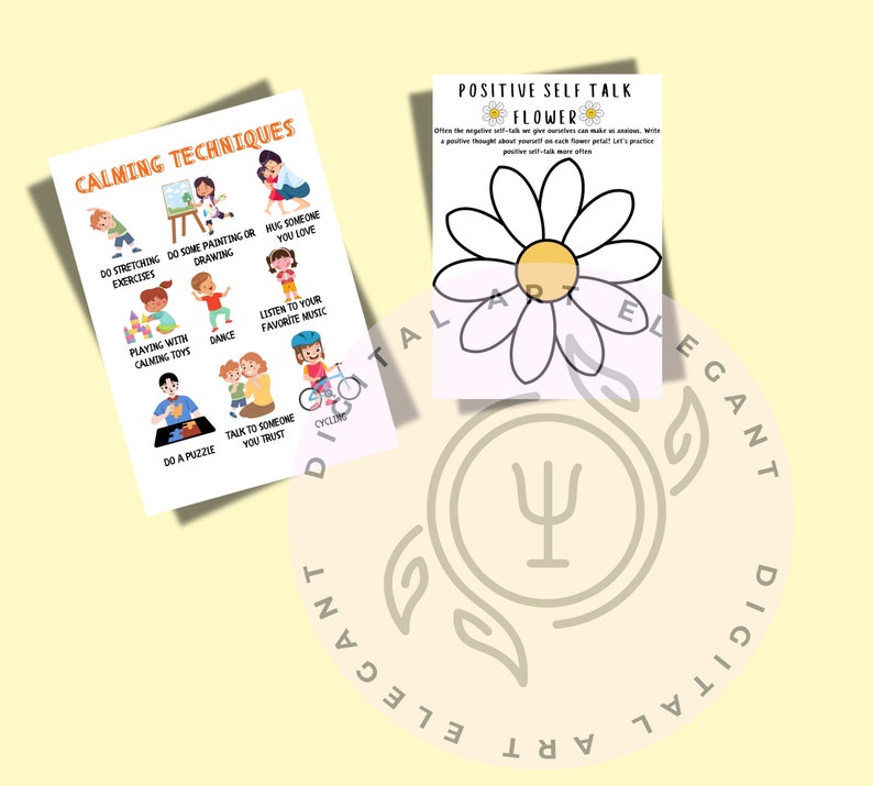 Op de afbeelding: Twee printbare werkbladen voor kalmerende technieken en positieve zelfspraak. Het werkblad voor kalmerende technieken bevat illustraties van kinderen die bezig zijn met activiteiten zoals rekken, schilderen, spelen met speelgoed, dansen, naar muziek luisteren en puzzelen. Het werkblad voor positieve zelfspraak bevat een zwart-witte omtrek van een madeliefje met de tekst "Positive Self-Talk Flower" en "Vaak kan de negatieve zelfspraak die we aan onze emoties geven ons angstig maken. Schrijf op elk bloemblaadje van de bloem een positieve gedachte over jezelf. Laten we oefenen om positiever over onszelf te praten."