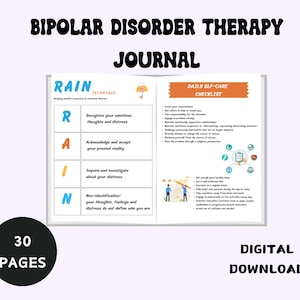 May include: A digital download of a 30-page journal for bipolar disorder therapy. The journal features a "RAIN" technique for managing emotions and a daily self-care checklist.