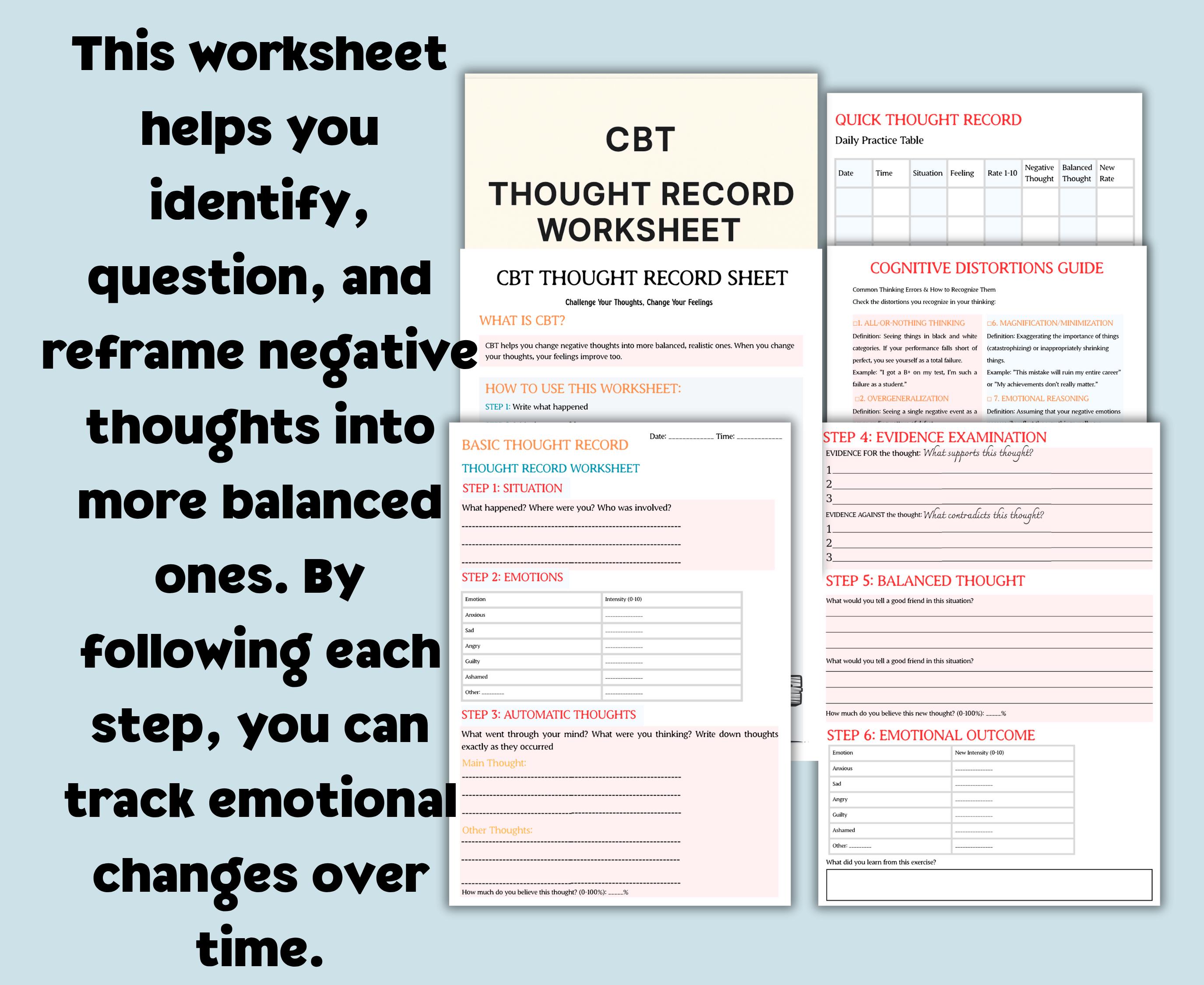 CBT Thought Record Worksheets Cognitive Behavioral Therapy Tools Mental ...