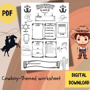 May include: A printable black and white cowboy-themed worksheet for children. The worksheet has sections for the child to fill in information about themselves, including their name, age, favourite activities, and more. The worksheet also includes a wanted poster with a space for the child to draw a picture of themselves.