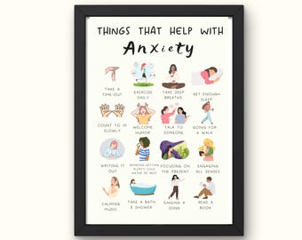 Things that help Anxiety, digital print, Mental Health poster, Therapy office decor, School Psychologist, Counselor Office Minimalist design
