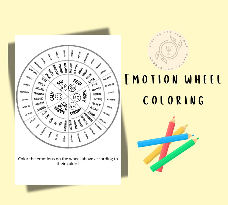 Op de afbeelding: Een zwart-witte printbare emotionele wiel kleurplaat met de tekst "Emotionele wiel kleuren" bovenaan. Het wiel heeft een cirkel met zes spaken, waarbij elke spaak een andere emotie vertegenwoordigt: kalm, blij, sterk, boos, angst en verdrietig. Elke spaak heeft een lijst met woorden die bij die emotie horen.