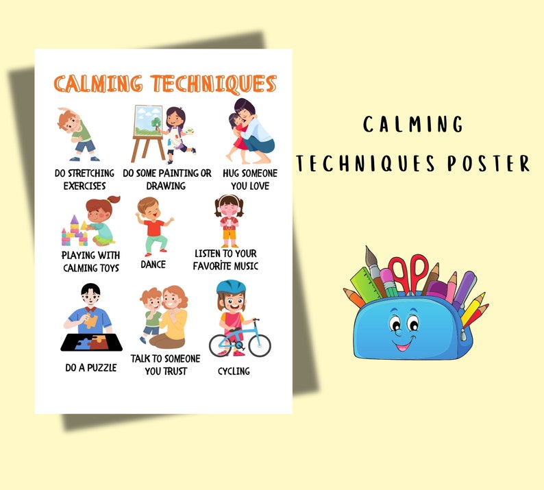 Op de afbeelding: Een kleurrijke poster met de titel "Calming Techniques Poster" en illustraties van kinderen die bezig zijn met kalmerende activiteiten zoals rekken, schilderen, knuffelen, spelen met speelgoed, dansen, naar muziek luisteren, puzzelen, praten met iemand die ze vertrouwen en fietsen.