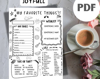 Pode incluir: Uma folha de trabalho imprimível com um design preto e branco. A folha de trabalho é intitulada "Minhas Coisas Favoritas" e inclui seções para listar as cores favoritas, os hobbies, os animais de estimação, as músicas, os livros, os filmes, os lanches, as refeições, as bebidas, os esportes e as coisas que você gosta. Há também uma seção para uma lista de desejos com prompts para algo que você precisa, algo que você quer e seu presente final. A folha de trabalho também inclui uma seção "Isso ou Aquilo?" com prompts como doce ou salgado, aventura ou relaxamento, princesa ou super-herói, verão ou inverno, e madrugador ou notívago.