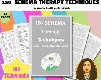 Puede incluir: Una descarga digital titulada "150 Técnicas de Terapia de Esquemas" para profesionales de la salud mental. La imagen presenta un libro gris con el título, una ilustración de dibujos animados y un gráfico de estrella con el texto "150 TÉCNICAS".