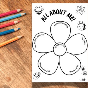May include: A black and white printable worksheet with the text "All About Me!" in a flower shape with six petals. Each petal has a different category for kids to fill in, such as "My name and Birthday", "My Hobbies", "My Best Friends", "My Favorite Foods", "Best TV Shows and Movies", and "My Self-Portrait".