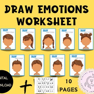 Dessin d'expressions émotionnelles sur des visages blancs, activité numérique de 10 pages pour les enfants, développement de l'intelligence émotionnelle, graphique des émotions et des sentiments