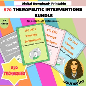 Puede incluir: Un paquete de descarga digital titulado "570 Intervenciones Terapéuticas" para profesionales de la salud mental. La imagen presenta cuatro portadas de libros coloridas con títulos como "150 Técnicas de Terapia ACT" y "150 Técnicas de Terapia CBT".