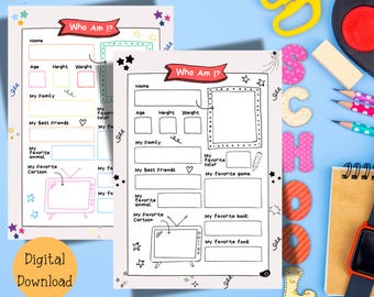 All About Me Printable Kids Template Favorite Things Ice breaker activity Get To Know Me Questionnaire First Day of School Game Instant