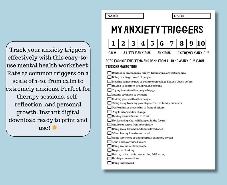 Anxiety Triggers Tracker Mental Health Worksheet Instant Digital ...