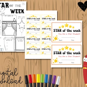 Op de afbeelding: Printbare "Star of the Week" certificaatsjabloon met een gele ster en de tekst "You Are a Star Student!" Het certificaat heeft ruimte voor een handtekening en een datum.
