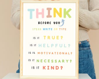 Think Before You Speak Sign, Counselor Office Decor, Boho Classroom Decor, Classroom Rules Printable, Positive Classroom Posters, Montessori