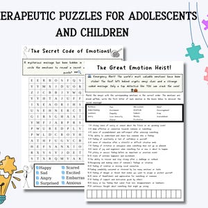 Op de afbeelding: Twee afdrukbare werkbladen voor adolescenten en kinderen om hen te helpen emoties te leren. Het eerste werkblad is een woordzoeker met de titel "De geheime code van emoties!" Het tweede werkblad is een decoderingsactiviteit met de titel "De grote emotionele overval!"