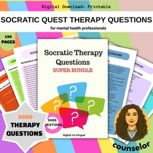 May include: Printable Socratic Quest Therapy Questions bundle for mental health professionals. The image shows a collection of 150 pages with 5000 therapy questions. The cover features colorful speech bubbles with question marks.