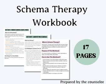 Puede incluir: Un libro de trabajo verde y blanco titulado "Schema Therapy Workbook" con el texto "17 Páginas" en un círculo. El libro de trabajo está dividido en secciones, incluyendo "Comprender los modos de esquema" e "Identificar los esquemas".