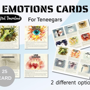 May include: A set of "Emotions Cards" with watercolor illustrations. The cards feature emotions like disgust, surprise, boredom, and love. The text "Digital Download" and "For Teneegars" are also visible. The image includes the text "25 CARD" and "2 different options".