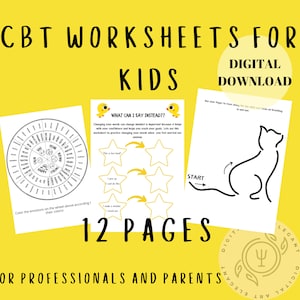 May include: A set of 12 printable worksheets for kids featuring CBT (Cognitive Behavioral Therapy) exercises. The worksheets include a color wheel with emotions, a "What Can I Say Instead?" activity, and a cat tracing activity. The text "CBT Worksheets for Kids" and "Digital Download" is featured in the image.