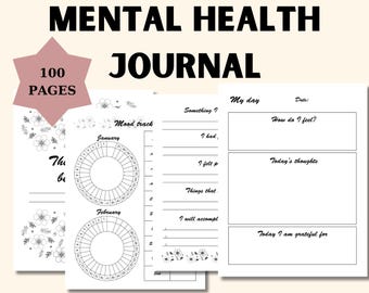 Diario de salud mental / Seguimiento del estado de ánimo / Planificador diario de gratitud / Diario de autocuidado / PDF imprimible