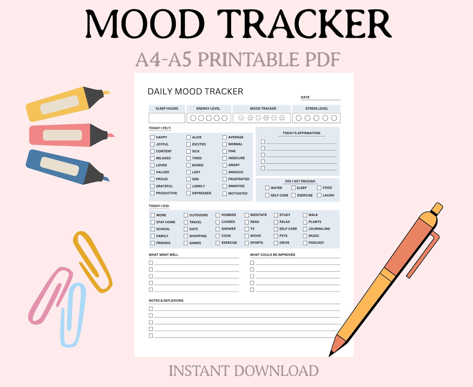 Daily Mood Tracker Printable 30 Day Mental Health Journal Mood Chart ...