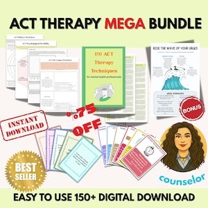 Può includere: Un pacchetto di risorse digitali per la terapia ACT, tra cui fogli di lavoro, tecniche e carte. L'immagine presenta il testo "ACT THERAPY MEGA BUNDLE", "150 ACT Therapy Techniques" e "Instant Download". È visibile anche un badge "Best Seller".