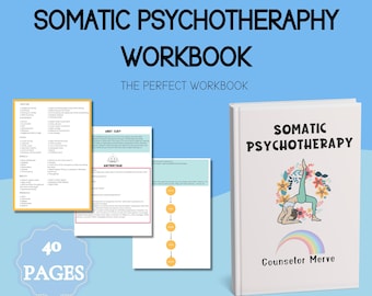 May include: A white workbook with the title "Somatic Psychotherapy Workbook" and the subtitle "The Perfect Workbook". The cover features a woman doing yoga with a rainbow underneath her. The text "Somatic Psychotherapy" and "Counselor Merve" are also on the cover. The workbook has 40 pages.