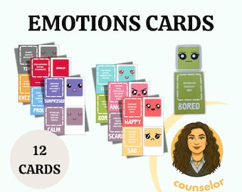May include: A collection of 12 Emotions Cards with various feelings like happy, sad, and bored. Each card features a colorful design with a corresponding emotion and a cute face. The words "EMOTIONS CARDS" are at the top.