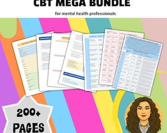 Może przedstawiać: Cyfrowe pobieranie do druku zatytułowane "CBT MEGA BUNDLE" dla pracowników służby zdrowia psychicznego. Obraz przedstawia kilka otwartych stron z tekstem i wykresami. Grafika w kształcie gwiazdy głosi "200+ PAGES". Dołączona jest również kreskówka kobiety ze słowem "counselor".