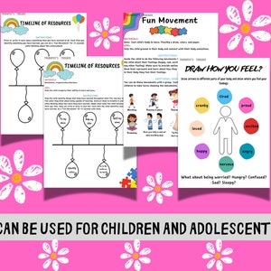 Puede incluir: Un conjunto de hojas de trabajo imprimibles para niños y adolescentes. Las hojas de trabajo presentan ilustraciones coloridas y actividades relacionadas con las líneas de tiempo, el movimiento y las emociones. Las hojas de trabajo están diseñadas para ayudar a los niños a aprender sobre sí mismos y sus sentimientos.