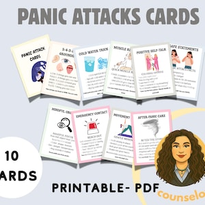 Peut inclure: Un ensemble de dix cartes imprimables "Attaques de panique" avec diverses stratégies d'adaptation. Les cartes présentent des titres tels que "5-4-3-2-1 Grounding", "Cold Water Trick" et "Positive Self-Talk". Le texte "PRINTABLE- PDF counselor" est inclus.