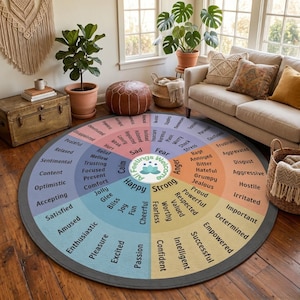 Op de afbeelding: Een rond vloerkleed met een grijze rand en een kleurrijk ontwerp. Het vloerkleed toont een cirkelvormig diagram met woorden die verschillende emoties vertegenwoordigen, zoals "Gelukkig", "Triest" en "Boos". De woorden zijn in segmenten gerangschikt.