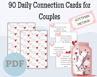 Puede incluir: Un conjunto de 90 tarjetas de conexión diaria para parejas, con preguntas para la conversación y la construcción de la relación. Las tarjetas se presentan con un tema de corazón rosa, y se menciona el "Método Gottman". También hay un icono PDF.