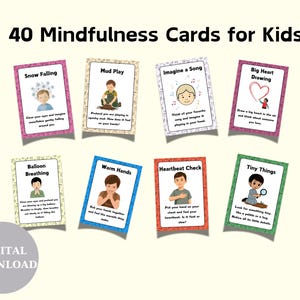 40 tarjetas de actividades de atención plena para niños, tarjetas imprimibles, tarjetas de calma, aprendizaje socioemocional, descarga digital de 5 x 7, afirmación