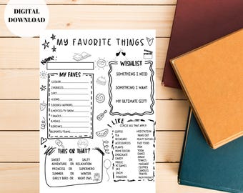 My Favorite Things Survey Questionnaire | Employee Favorites | All About Me | Favorites Survey | Fillable PDF File