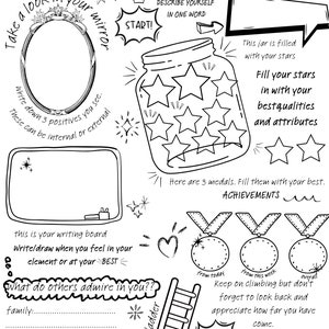 May include: Black and white printable worksheet with the title "Building Self Esteem". The worksheet includes activities such as writing down positive attributes, filling a jar with stars representing personal qualities, and climbing a ladder to success.