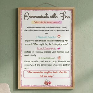 May include: A framed print with the words "Communicate with Love" in cursive script. The print includes text about effective communication, with steps like empathy and active listening. The frame is a light brown color.