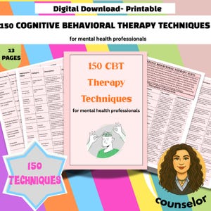 May include: A digital download printable titled "150 Cognitive Behavioral Therapy Techniques" for mental health professionals. The image features a pink book cover with the title and a graphic of a person with hands near their head. Additional pages and a star-shaped graphic are also visible.