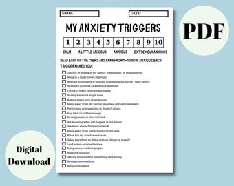 Op de afbeelding: Een printbaar werkblad met de titel "Mijn angsttriggers" met een schaal van 1 tot 10 om te beoordelen hoe angstig elke trigger je maakt. Het werkblad bevat een lijst met veelvoorkomende angsttriggers, zoals conflicten, menigten en spreken in het openbaar.